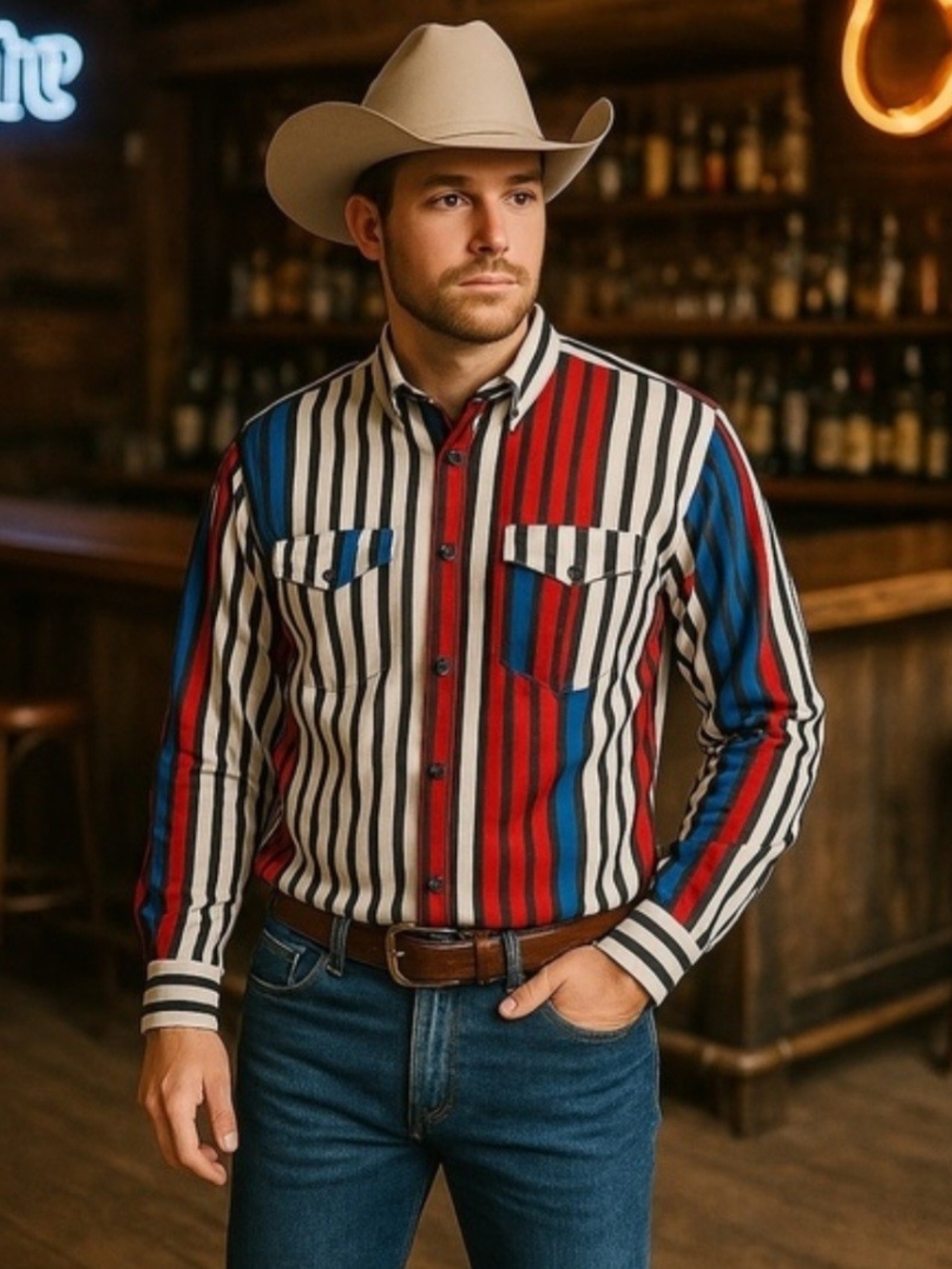 Wrangler Red, Blue & White Vertical Stripe Western Shirt
